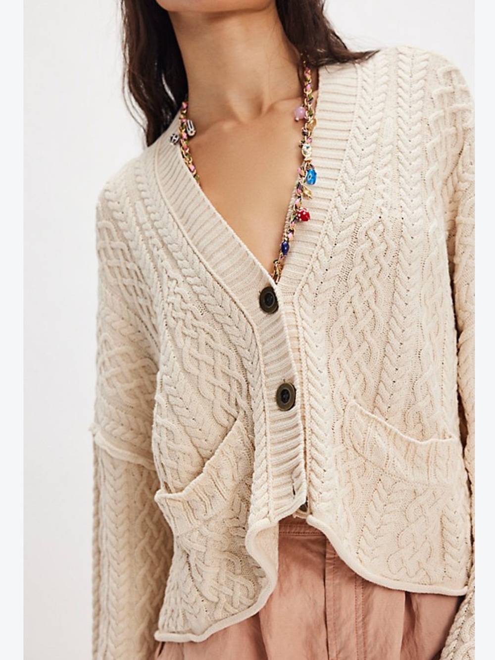 Free People Washed Ashore Cream Cable Knit Cropped Cardigan Cotton Size Large